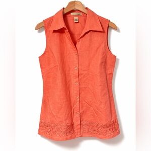 Ecologie Coral Linen Button Front Tank Top Embroidered Hem XL